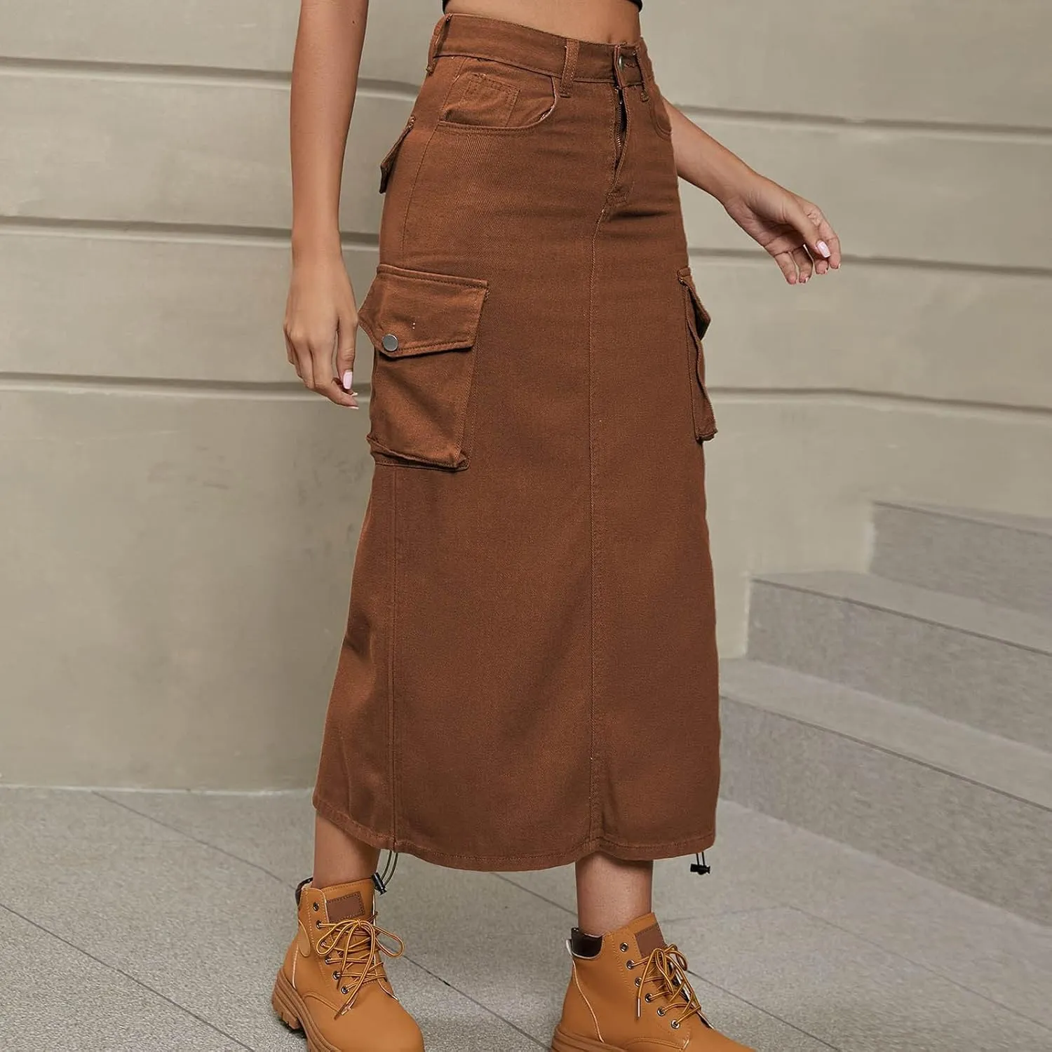 Womens Cargo Denim Maxi Skirt Trendy High Waist A-Line Frayed Drawstring Hem Fashion Long Jean Skirt Y2K Streetwear
