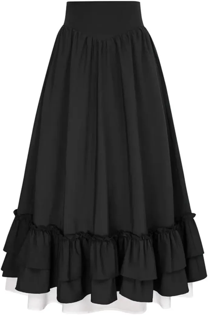 Women's Casual Double Layer Skirt Button Back Double Pleated Long Pleated Skirt