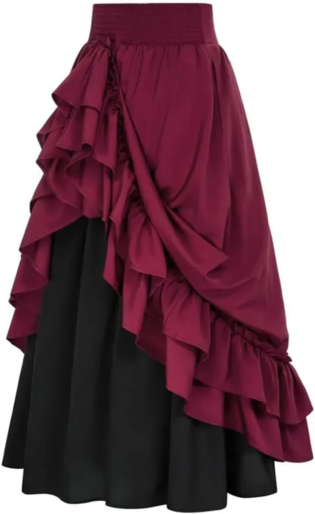 Women's Casual Double Layer Skirt Button Back Double Pleated Long Pleated Skirt