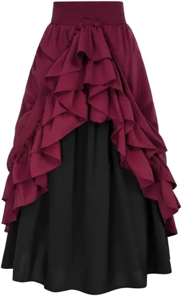 Women's Casual Double Layer Skirt Button Back Double Pleated Long Pleated Skirt