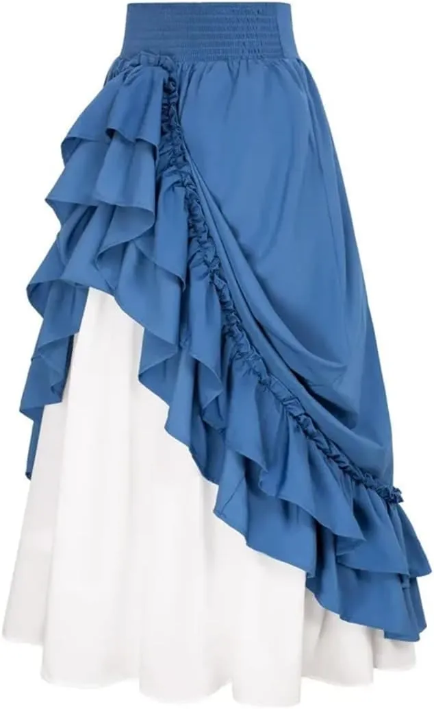 Women's Casual Double Layer Skirt Button Back Double Pleated Long Pleated Skirt