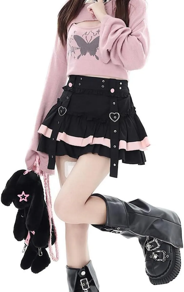 Women's Casual Fashion High Waist A-line Mini Skirt Y2K Cute Suspenders Decoration Splicing Pleated Skirt
