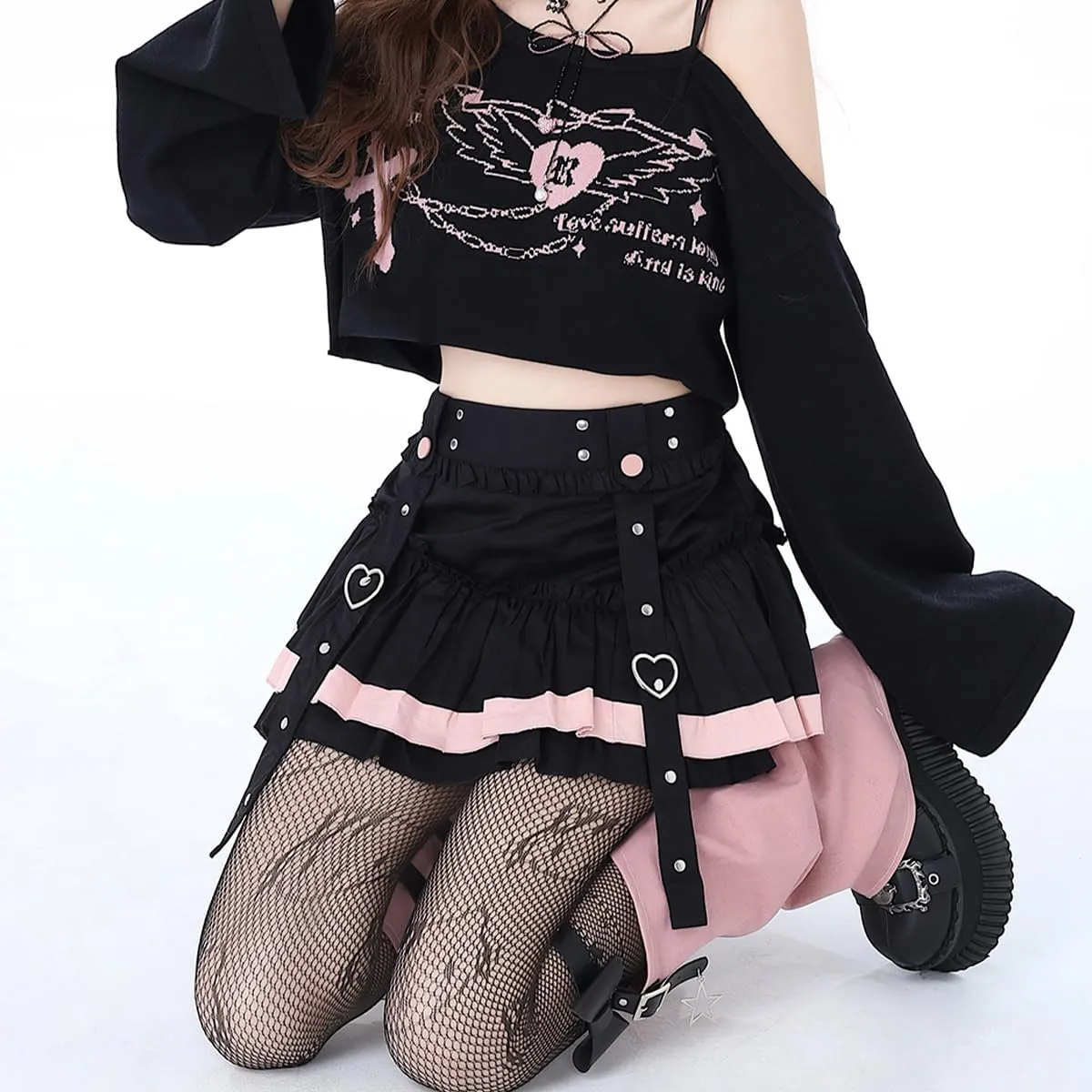 Women's Casual Fashion High Waist A-line Mini Skirt Y2K Cute Suspenders Decoration Splicing Pleated Skirt
