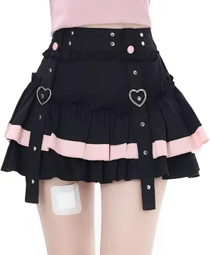 Women's Casual Fashion High Waist A-line Mini Skirt Y2K Cute Suspenders Decoration Splicing Pleated Skirt