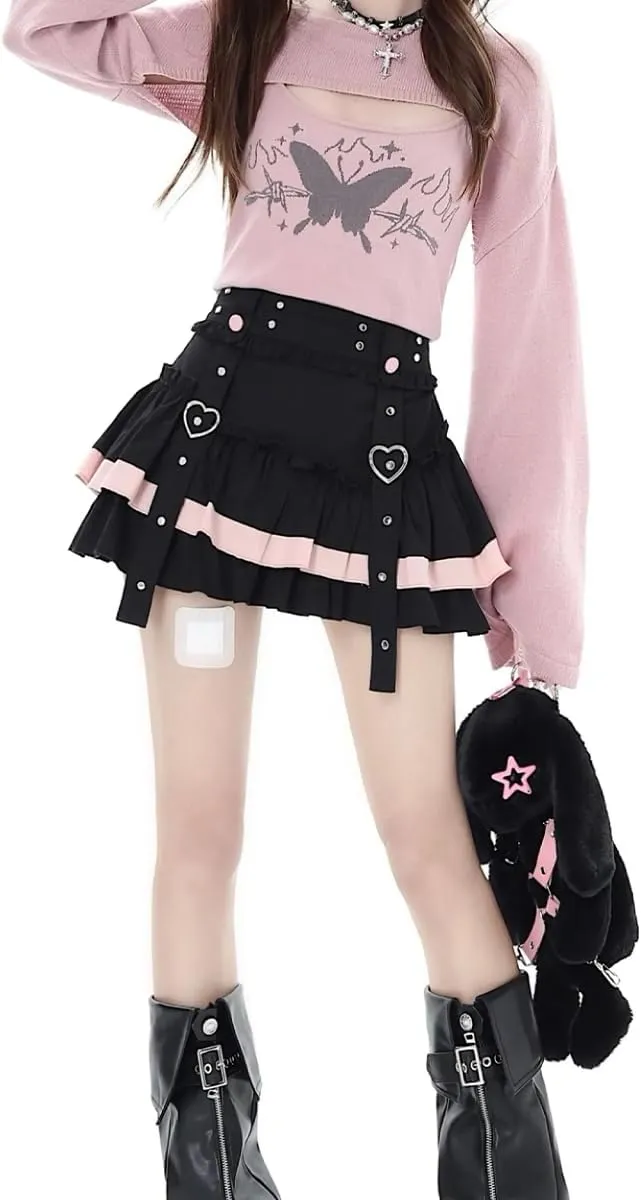 Women's Casual Fashion High Waist A-line Mini Skirt Y2K Cute Suspenders Decoration Splicing Pleated Skirt