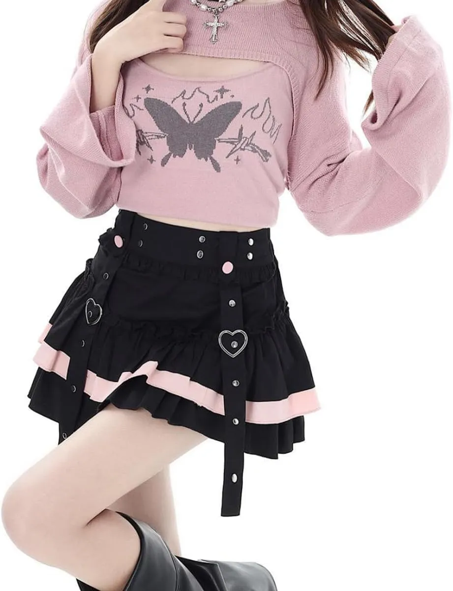 Women's Casual Fashion High Waist A-line Mini Skirt Y2K Cute Suspenders Decoration Splicing Pleated Skirt