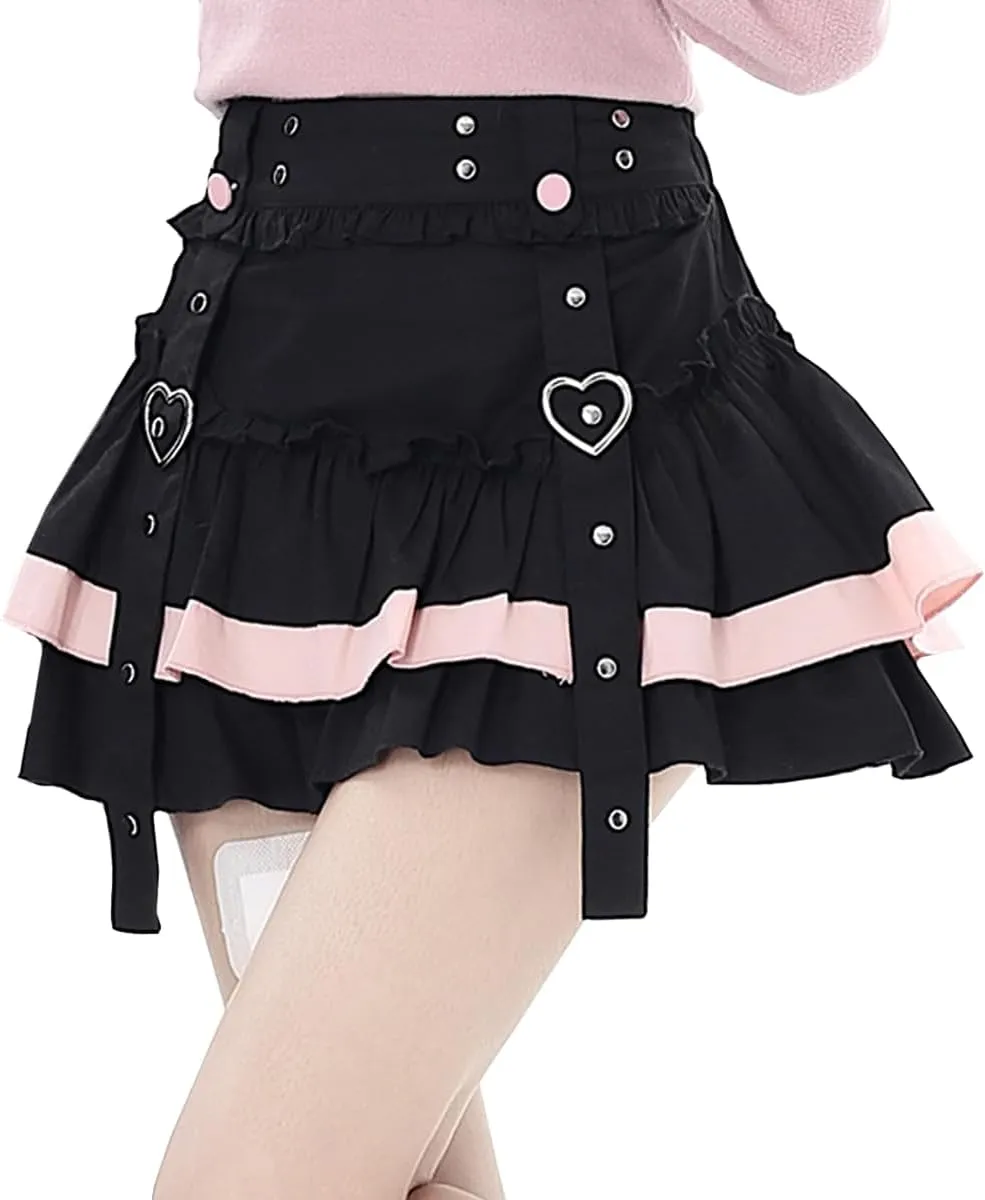 Women's Casual Fashion High Waist A-line Mini Skirt Y2K Cute Suspenders Decoration Splicing Pleated Skirt