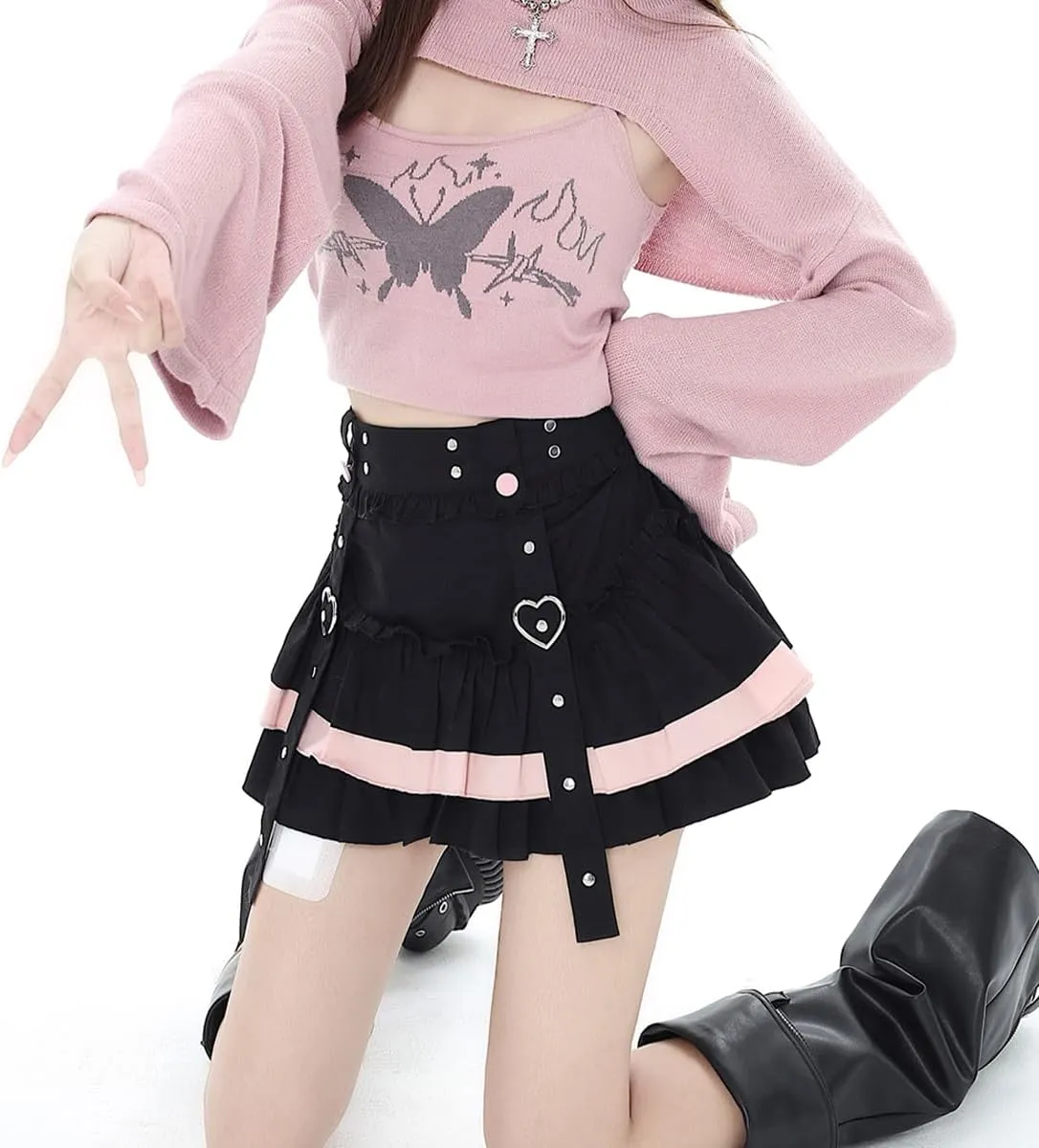 Women's Casual Fashion High Waist A-line Mini Skirt Y2K Cute Suspenders Decoration Splicing Pleated Skirt