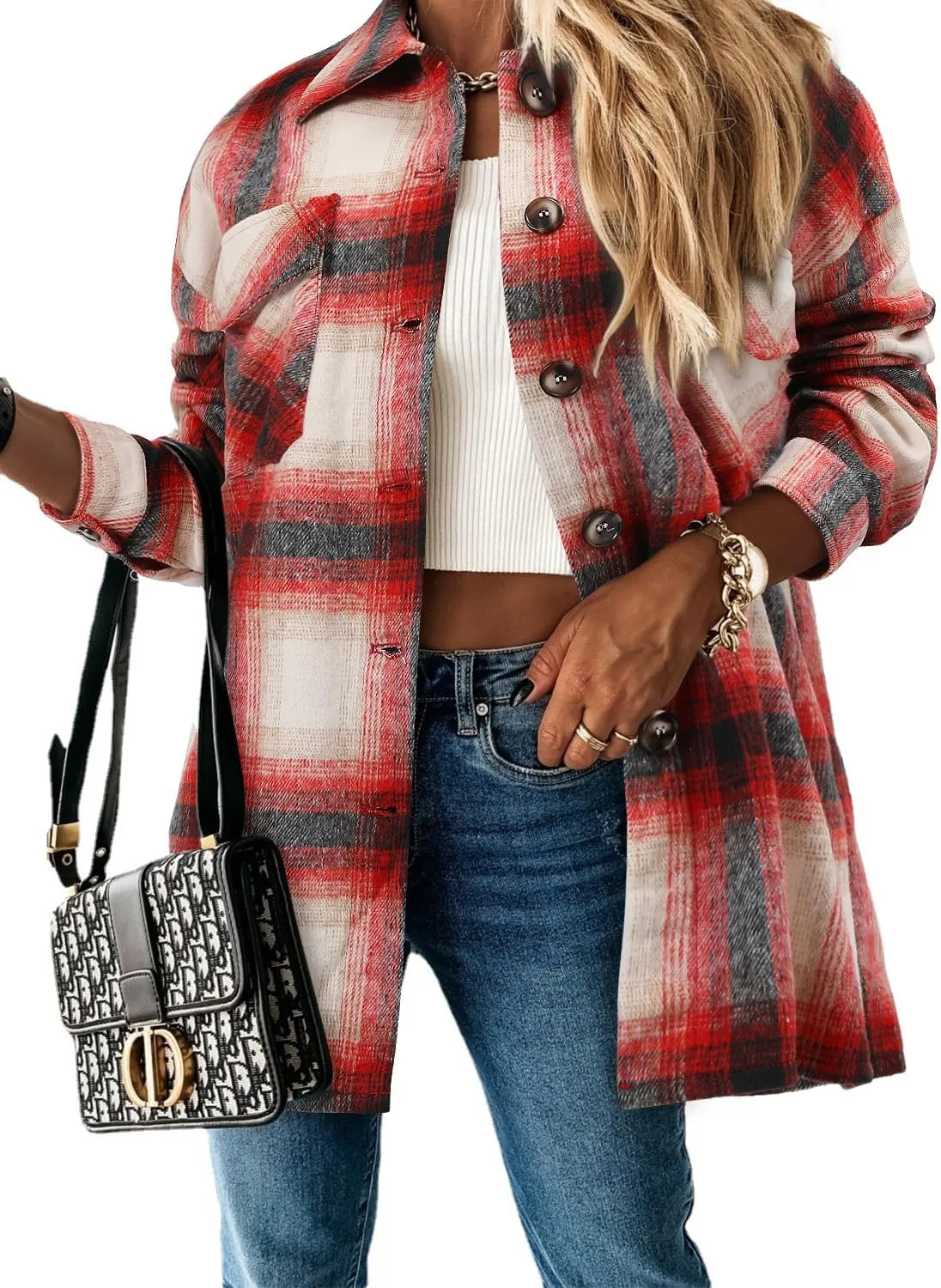 Women's Casual Long Sleeve Tops Fall Blouses Flannel Plaid Button-Down Shirt Jacket with Pockets
