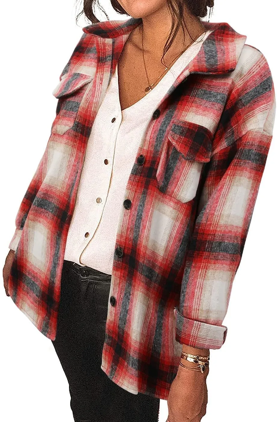 Women's Casual Long Sleeve Tops Fall Blouses Flannel Plaid Button-Down Shirt Jacket with Pockets