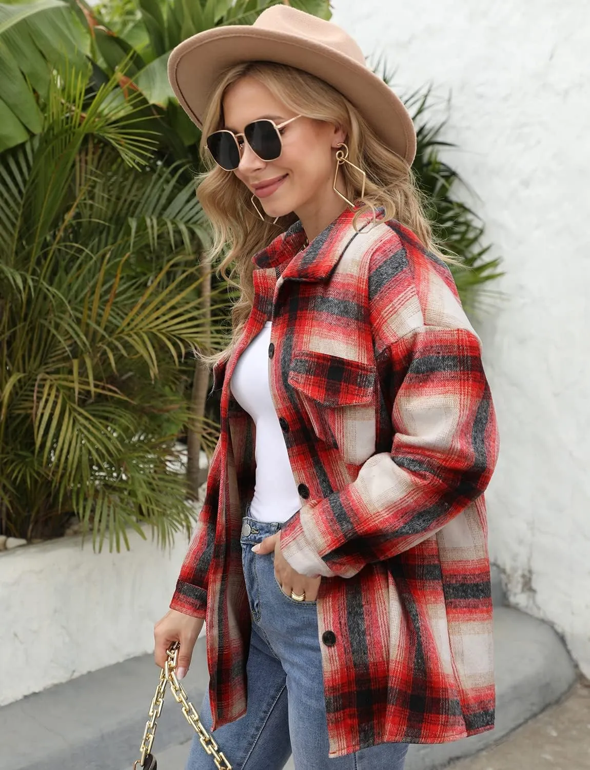 Women's Casual Long Sleeve Tops Fall Blouses Flannel Plaid Button-Down Shirt Jacket with Pockets