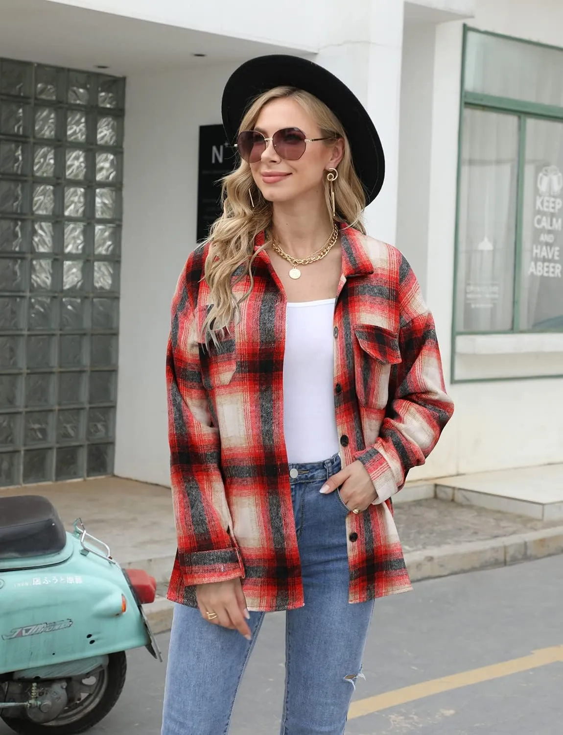 Women's Casual Long Sleeve Tops Fall Blouses Flannel Plaid Button-Down Shirt Jacket with Pockets