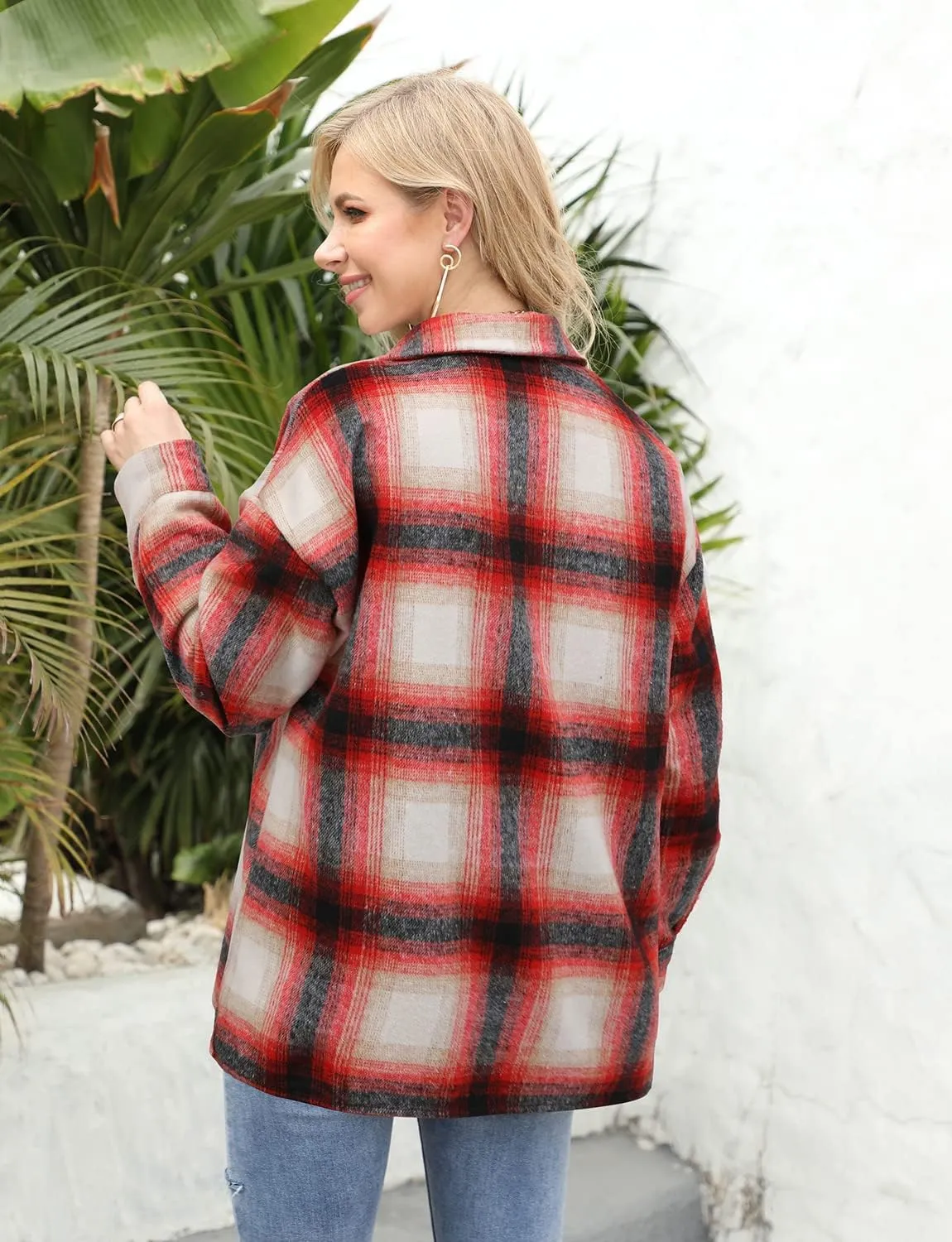 Women's Casual Long Sleeve Tops Fall Blouses Flannel Plaid Button-Down Shirt Jacket with Pockets