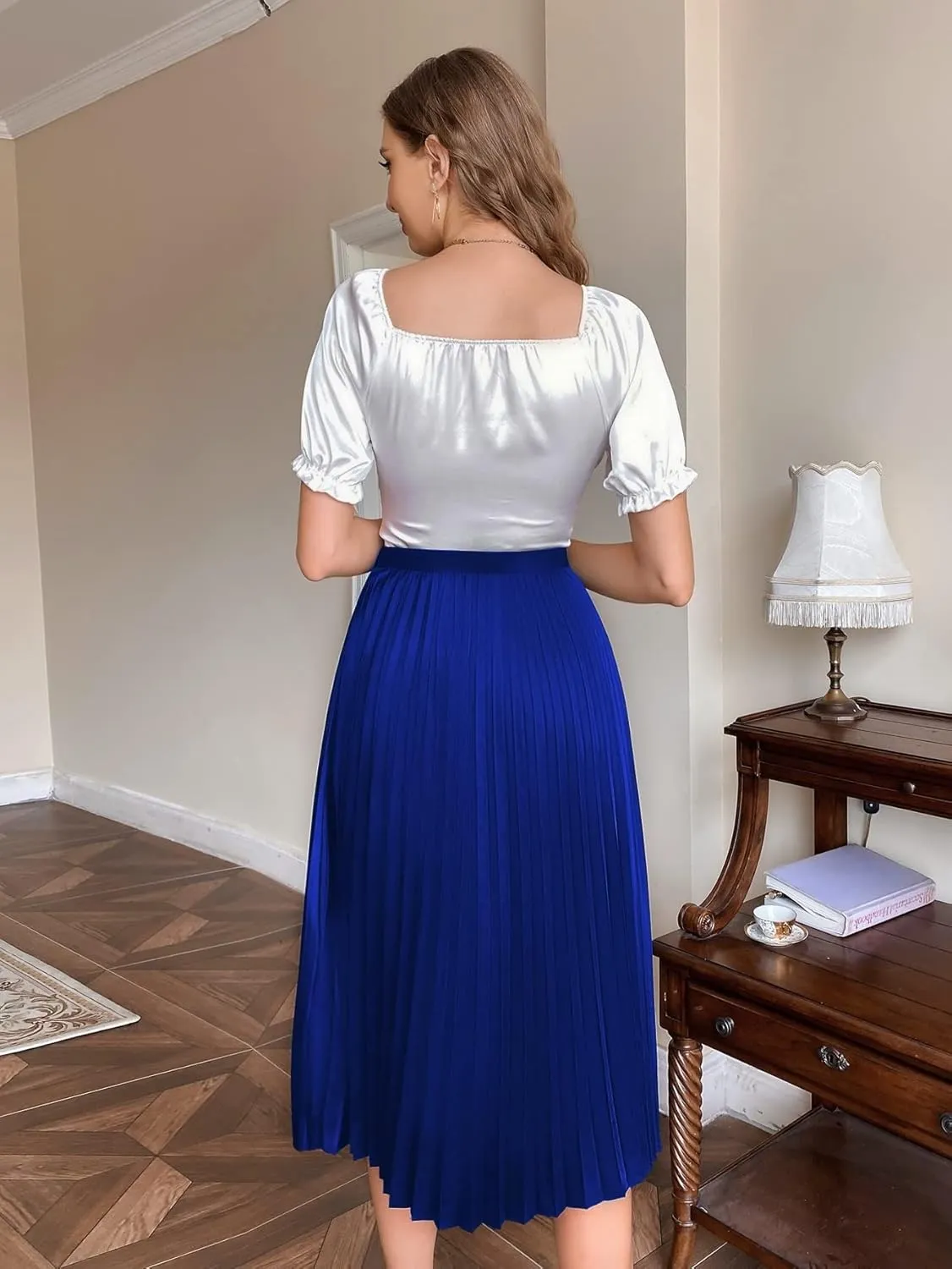 Women's Casual Midi Skirt Long Skirt Solid Pleated Skirt for Home Prty Office