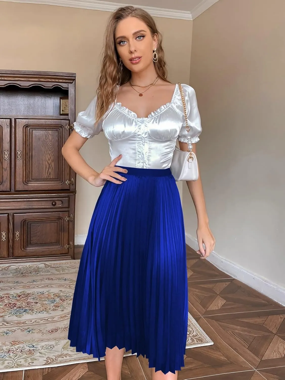 Women's Casual Midi Skirt Long Skirt Solid Pleated Skirt for Home Prty Office