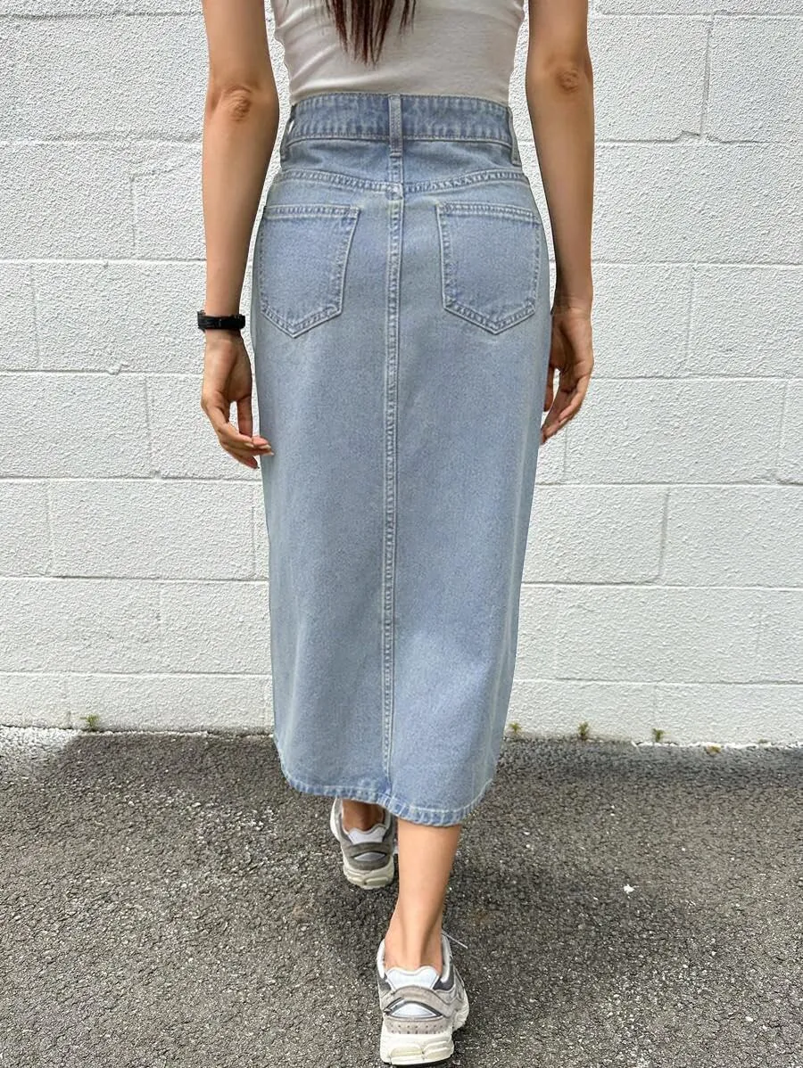 Women's Casual Slit Denim Midi Jean Skirt Stretch High Waisted Button Up Frayed with Pockets