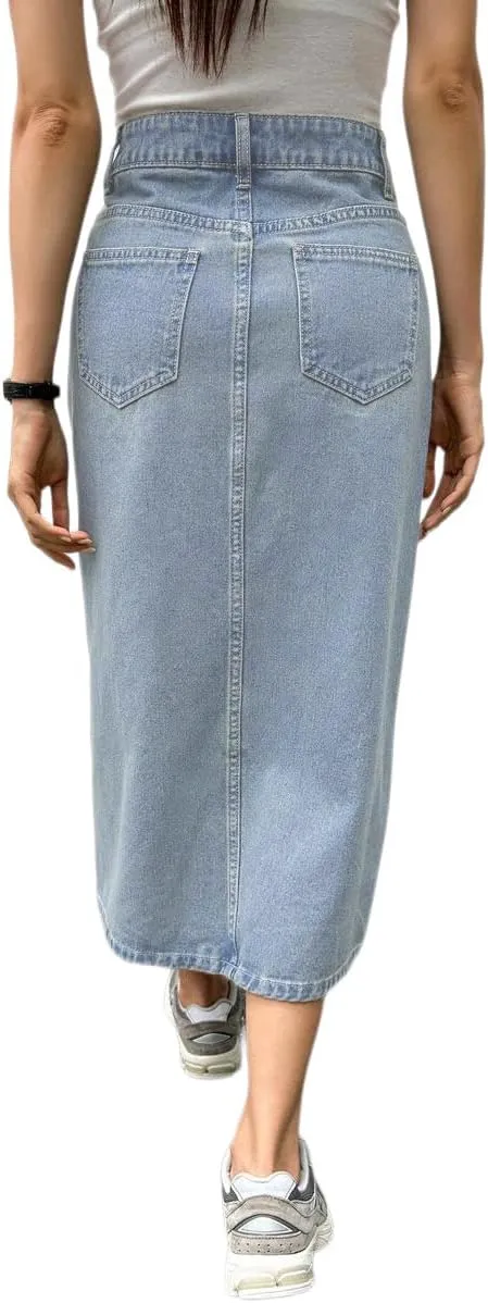 Women's Casual Slit Denim Midi Jean Skirt Stretch High Waisted Button Up Frayed with Pockets