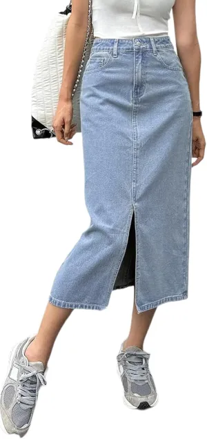 Women's Casual Slit Denim Midi Jean Skirt Stretch High Waisted Button Up Frayed with Pockets