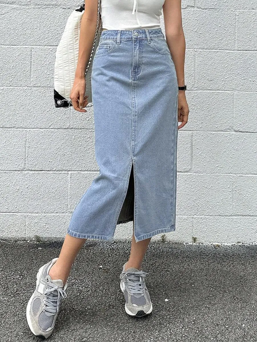 Women's Casual Slit Denim Midi Jean Skirt Stretch High Waisted Button Up Frayed with Pockets