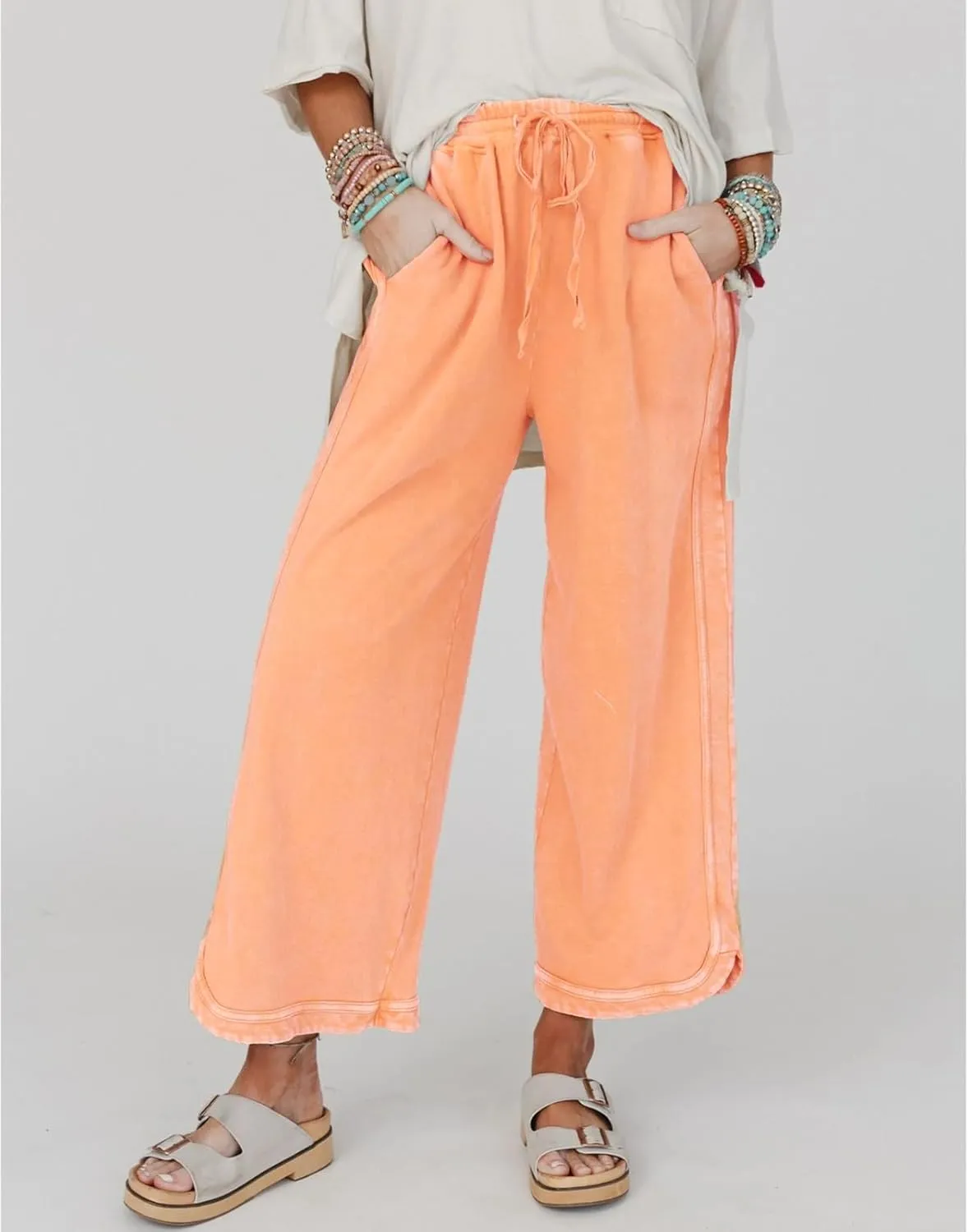 Womens Casual Wide Leg Sweatpants High Waisted Drawstring Palazzo Pants Summer Loose Lounge Pants with Pockets