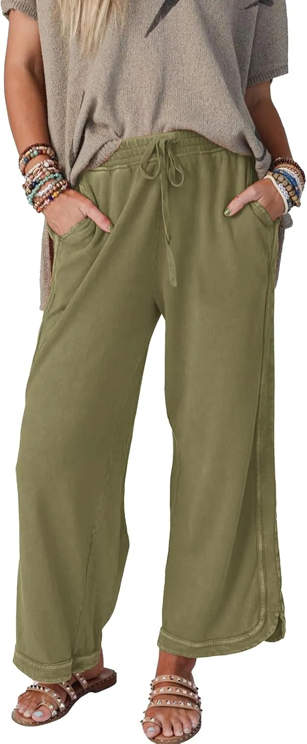 Womens Casual Wide Leg Sweatpants High Waisted Drawstring Palazzo Pants Summer Loose Lounge Pants with Pockets