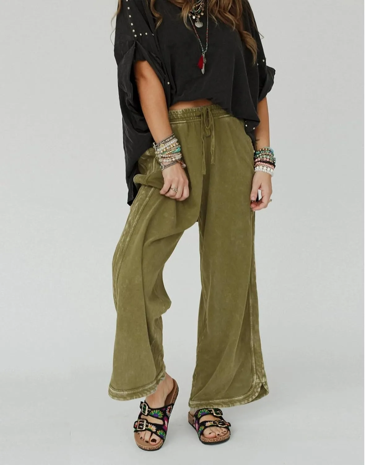 Womens Casual Wide Leg Sweatpants High Waisted Drawstring Palazzo Pants Summer Loose Lounge Pants with Pockets