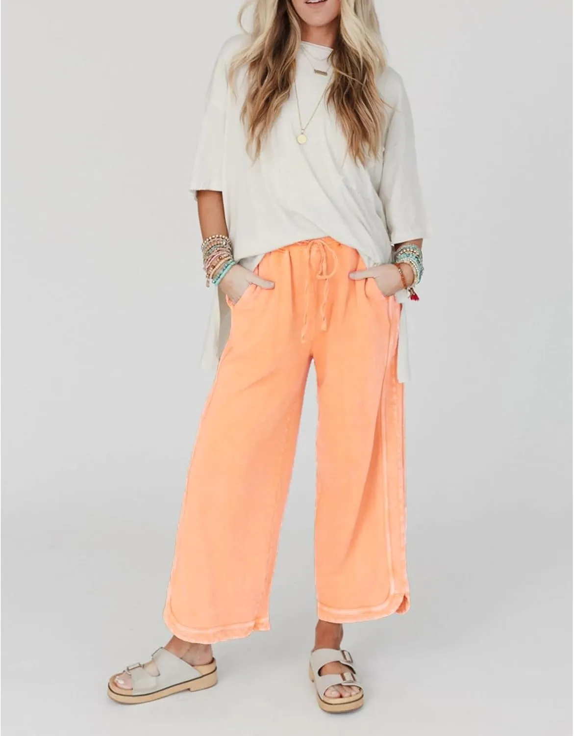 Womens Casual Wide Leg Sweatpants High Waisted Drawstring Palazzo Pants Summer Loose Lounge Pants with Pockets