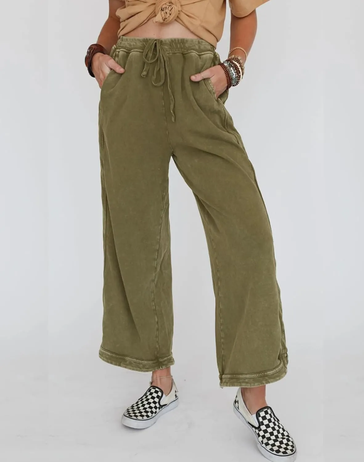Womens Casual Wide Leg Sweatpants High Waisted Drawstring Palazzo Pants Summer Loose Lounge Pants with Pockets