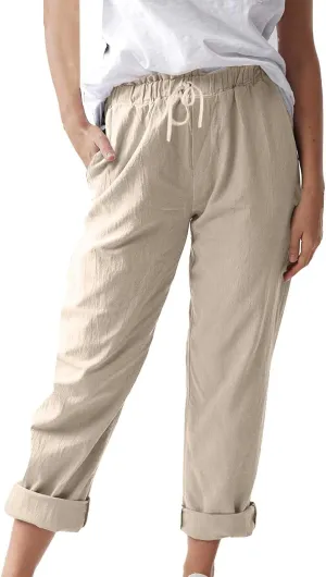 Womens Cotton Linen Pants Drawstring Elastic Waist Loose 2025 Summer Pants Lightweight Casual Comfy Long Trousers