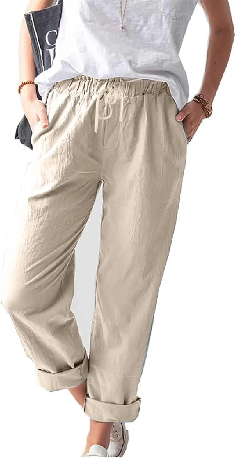 Womens Cotton Linen Pants Drawstring Elastic Waist Loose 2025 Summer Pants Lightweight Casual Comfy Long Trousers