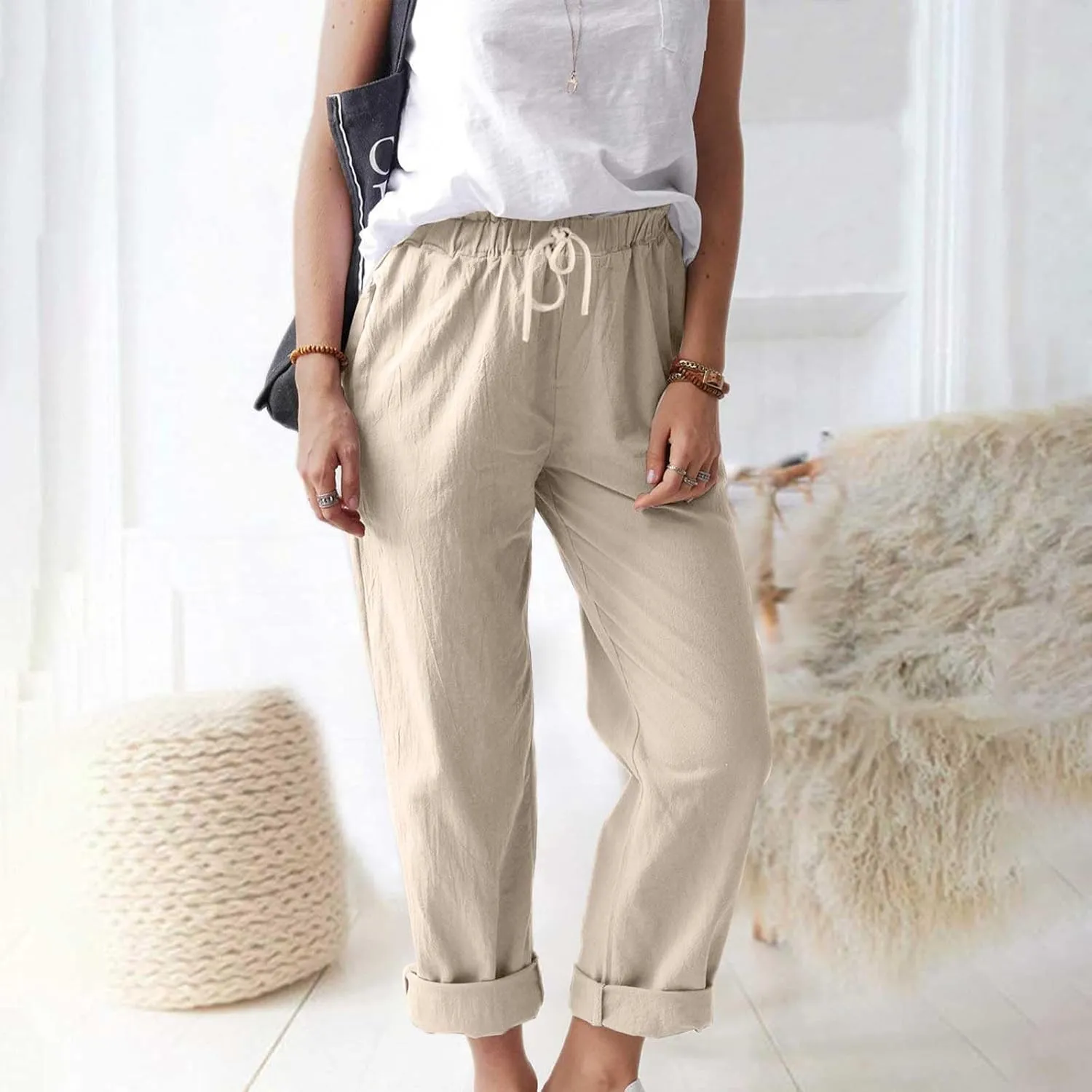 Womens Cotton Linen Pants Drawstring Elastic Waist Loose 2025 Summer Pants Lightweight Casual Comfy Long Trousers