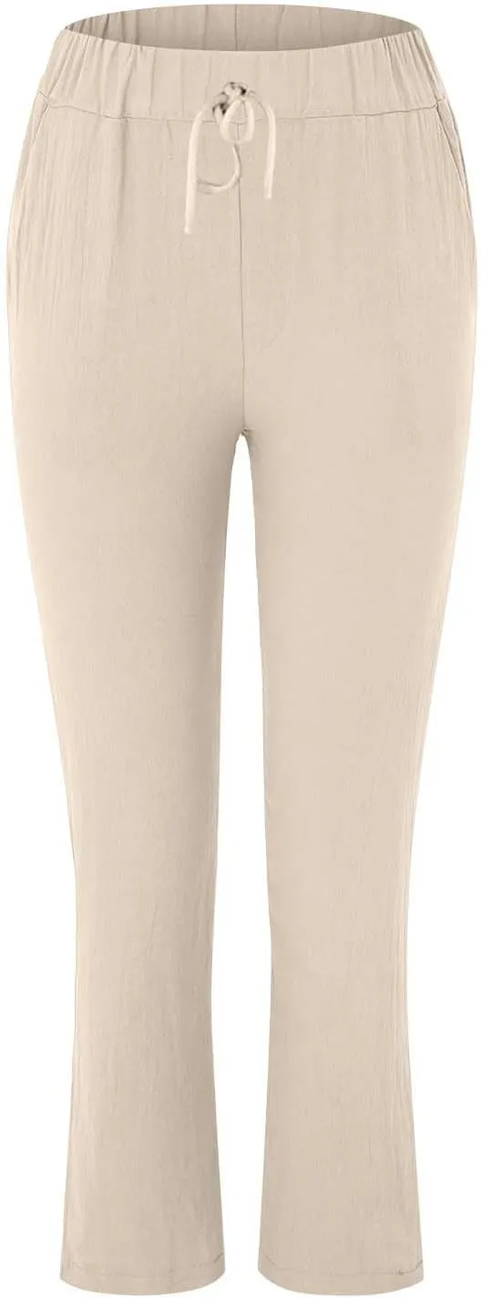 Womens Cotton Linen Pants Drawstring Elastic Waist Loose 2025 Summer Pants Lightweight Casual Comfy Long Trousers