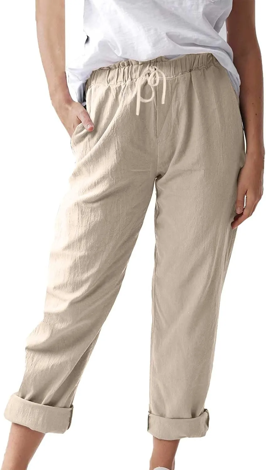 Womens Cotton Linen Pants Drawstring Elastic Waist Loose 2025 Summer Pants Lightweight Casual Comfy Long Trousers