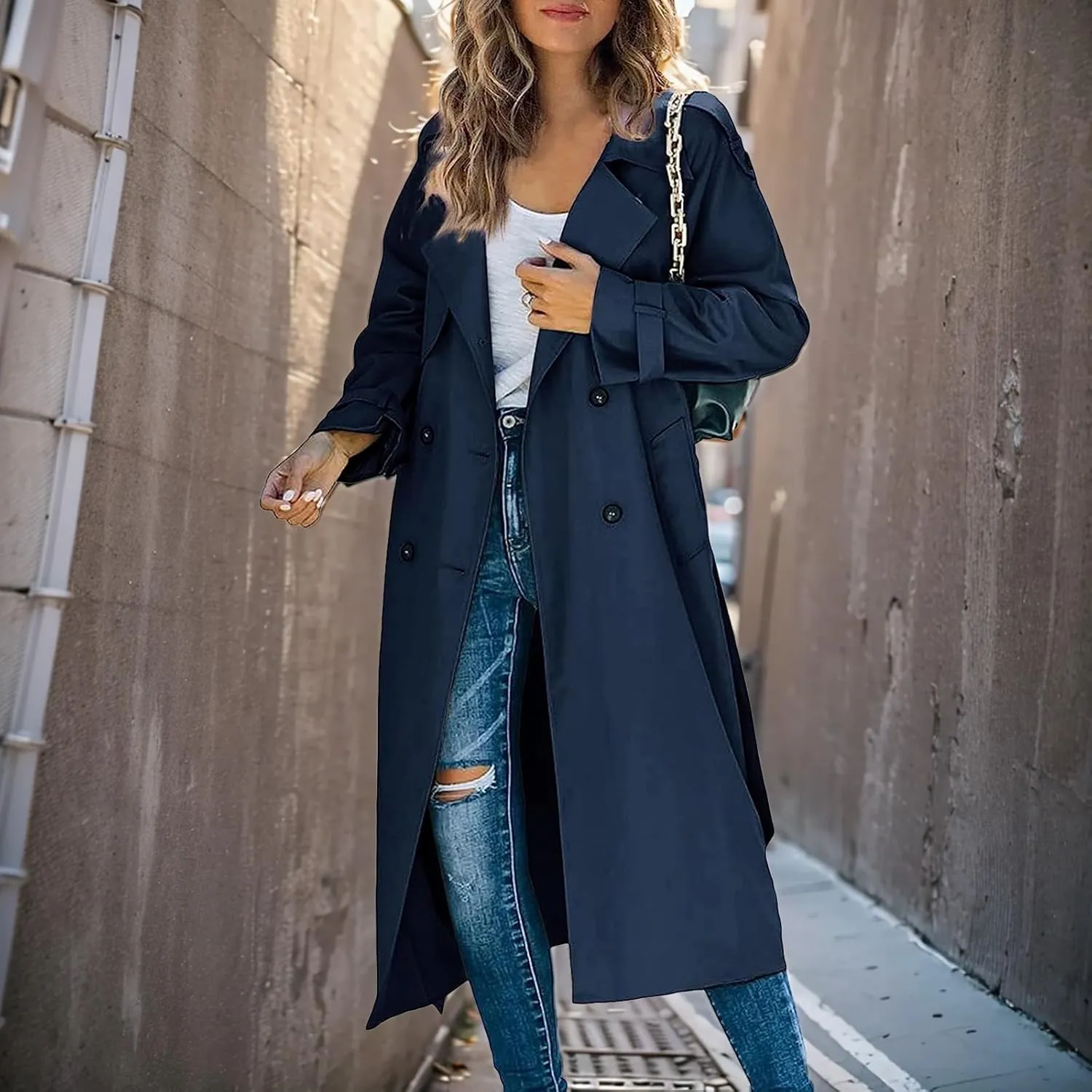 Womens Double Breasted Long Trench Coat Casual Lapel Open Front Pea Coat Winter Windbreaker Jacket Overcoat
