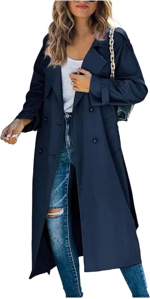 Womens Double Breasted Long Trench Coat Casual Lapel Open Front Pea Coat Winter Windbreaker Jacket Overcoat