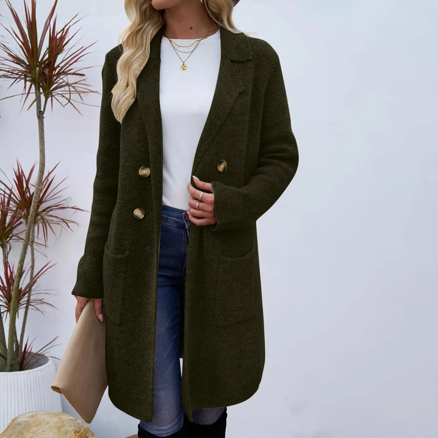Women's Double Breasted Trench Coats Notch Lapel Midi Long Wool Pea Coat Warm Winter Jackets Overcoat with Pockets