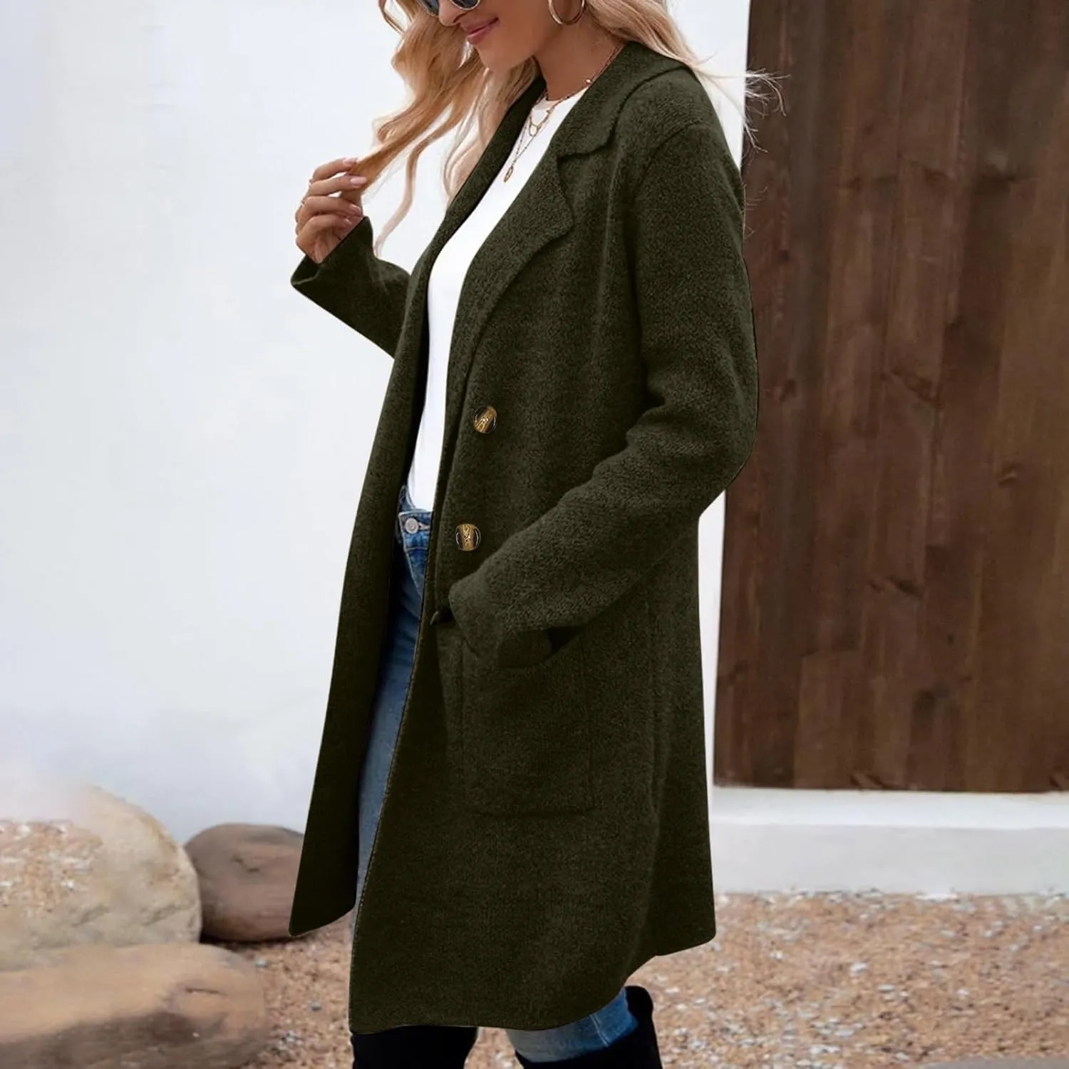 Women's Double Breasted Trench Coats Notch Lapel Midi Long Wool Pea Coat Warm Winter Jackets Overcoat with Pockets