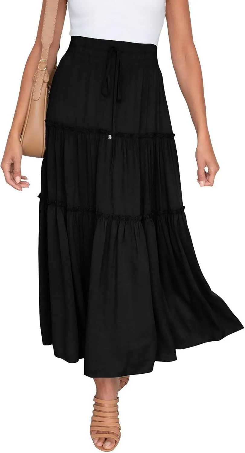 Womens Elastic High Waist Boho Maxi Skirt Ruffle A Line Swing Long Skirts Long Skirts for Women