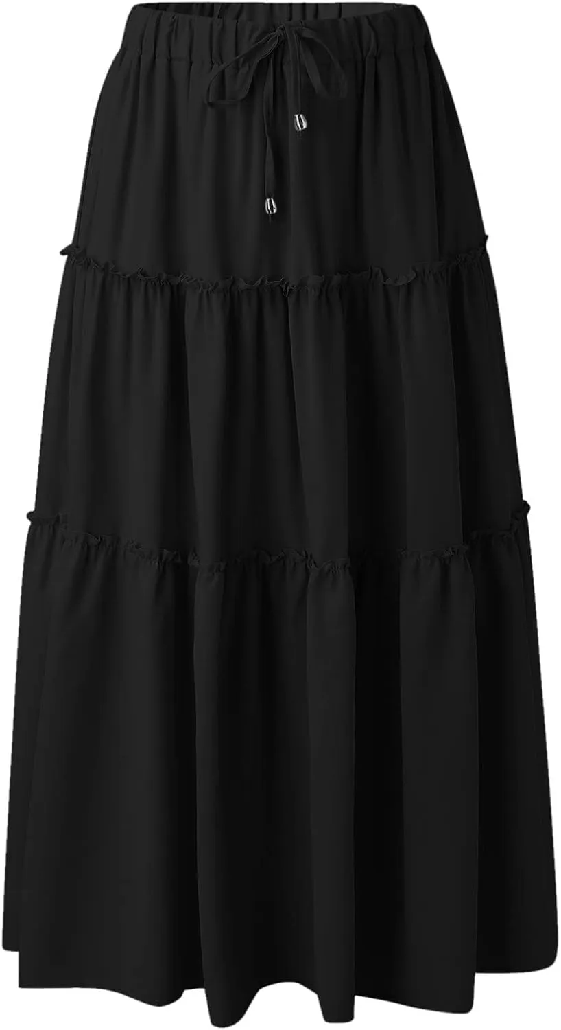 Womens Elastic High Waist Boho Maxi Skirt Ruffle A Line Swing Long Skirts Long Skirts for Women