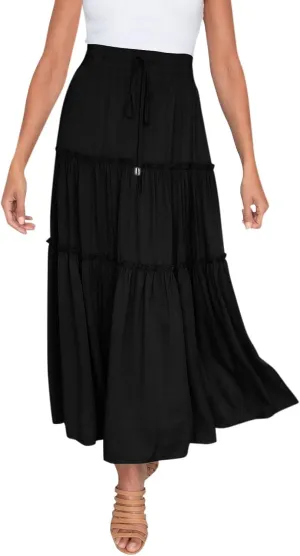 Womens Elastic High Waist Boho Maxi Skirt Ruffle A Line Swing Long Skirts Long Skirts for Women