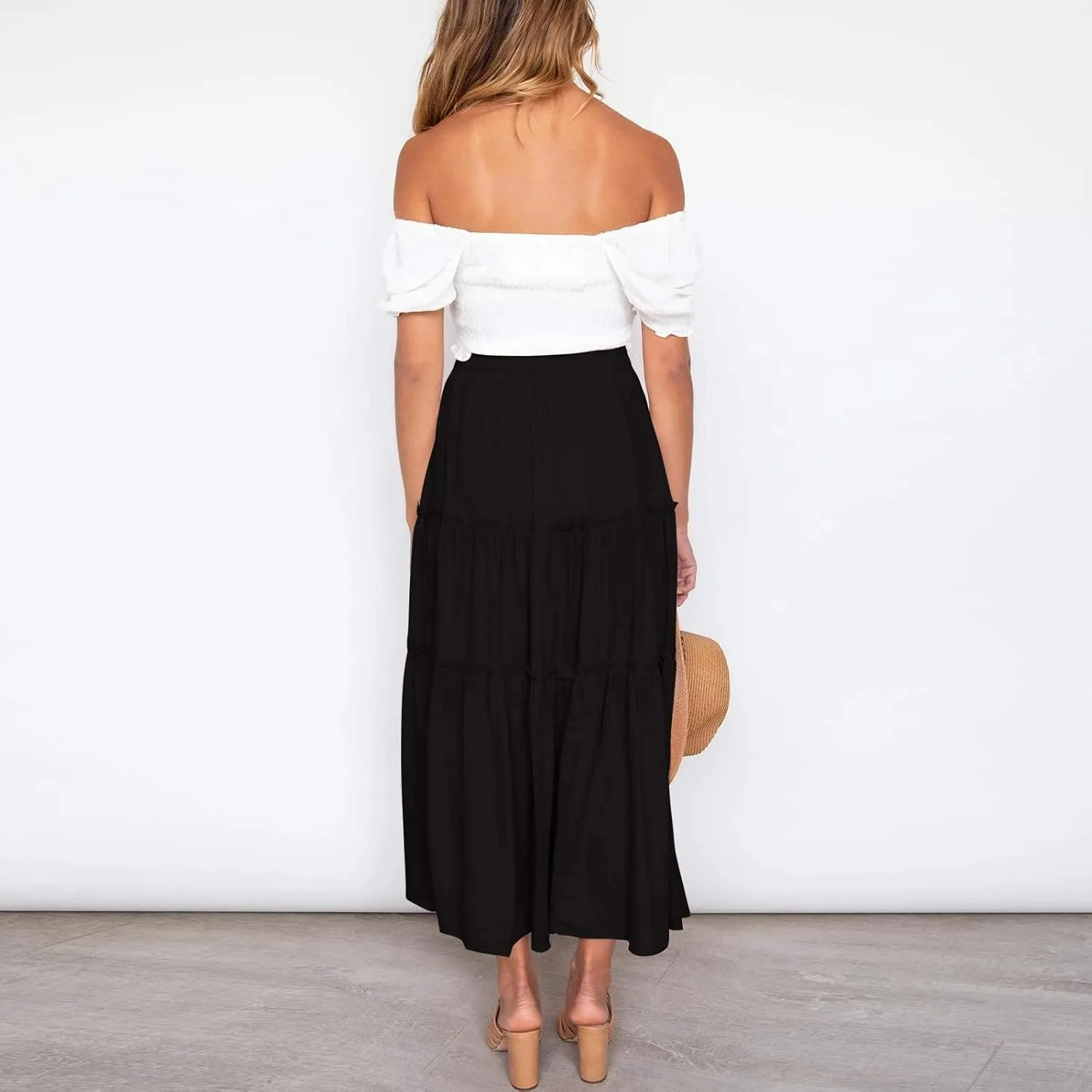 Womens Elastic High Waist Boho Maxi Skirt Ruffle A Line Swing Long Skirts Long Skirts for Women