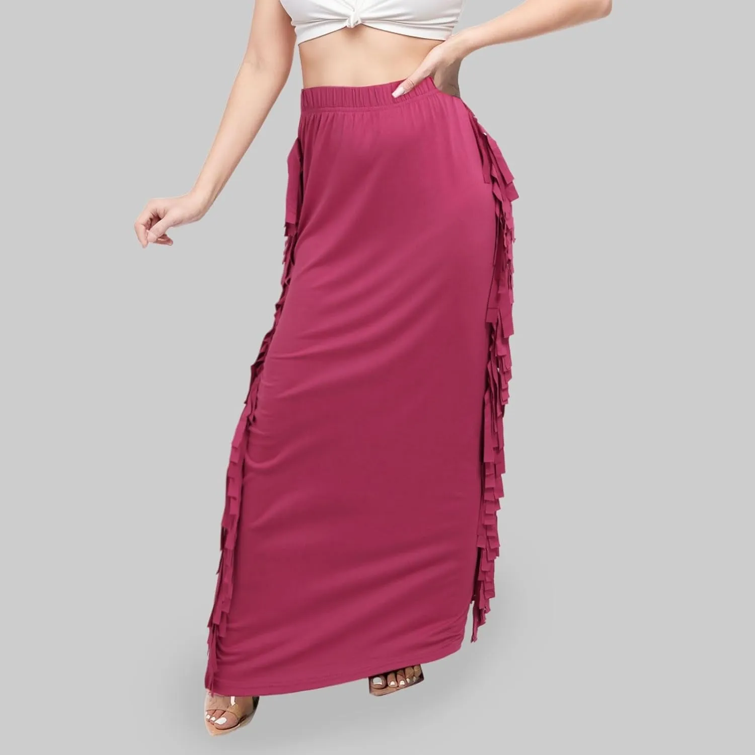 Women's Elastic Waist Slim Bodycon Fringed Side Tassels Long Maxi Pencil Maxi Skirts 2024