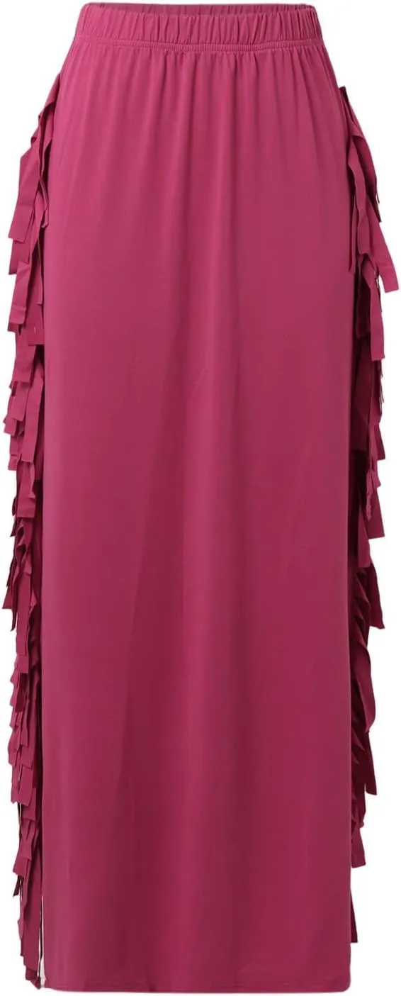 Women's Elastic Waist Slim Bodycon Fringed Side Tassels Long Maxi Pencil Maxi Skirts 2024