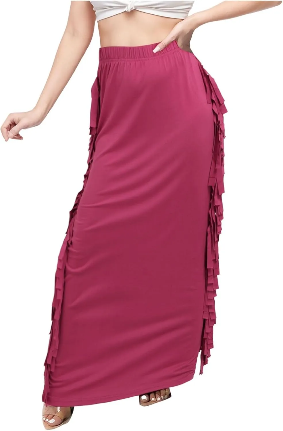 Women's Elastic Waist Slim Bodycon Fringed Side Tassels Long Maxi Pencil Maxi Skirts 2024