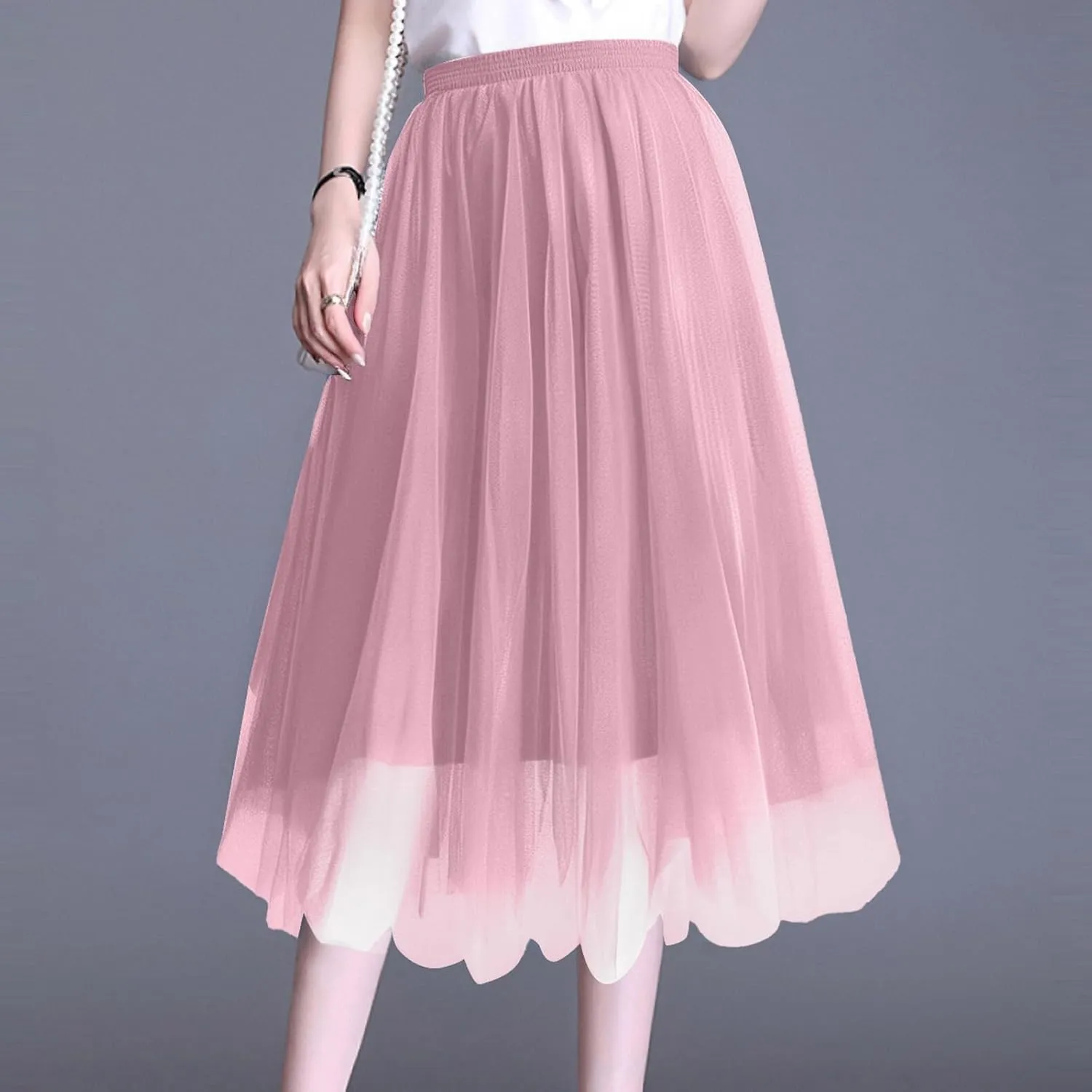 Women's Elegant Elastic Ruffle Petticoat Lightweight Underskirts for Cosplay Party Midi Skirt Tulle A-Line Tutu Skirt