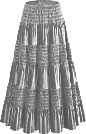 Women's Fall Elastic High Waist Velvet Midi Skirt Causal Tiered Flowy Pleated Long Skirts