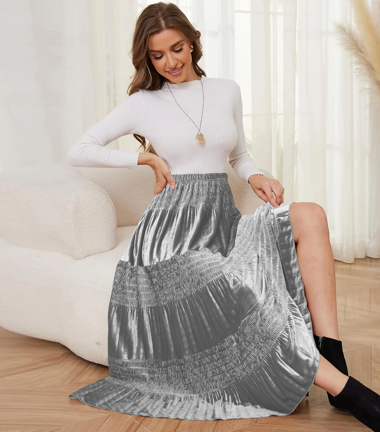 Women's Fall Elastic High Waist Velvet Midi Skirt Causal Tiered Flowy Pleated Long Skirts
