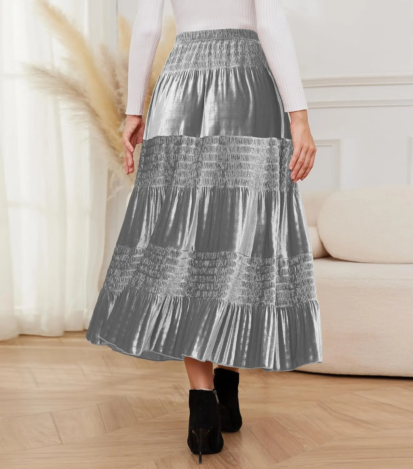 Women's Fall Elastic High Waist Velvet Midi Skirt Causal Tiered Flowy Pleated Long Skirts