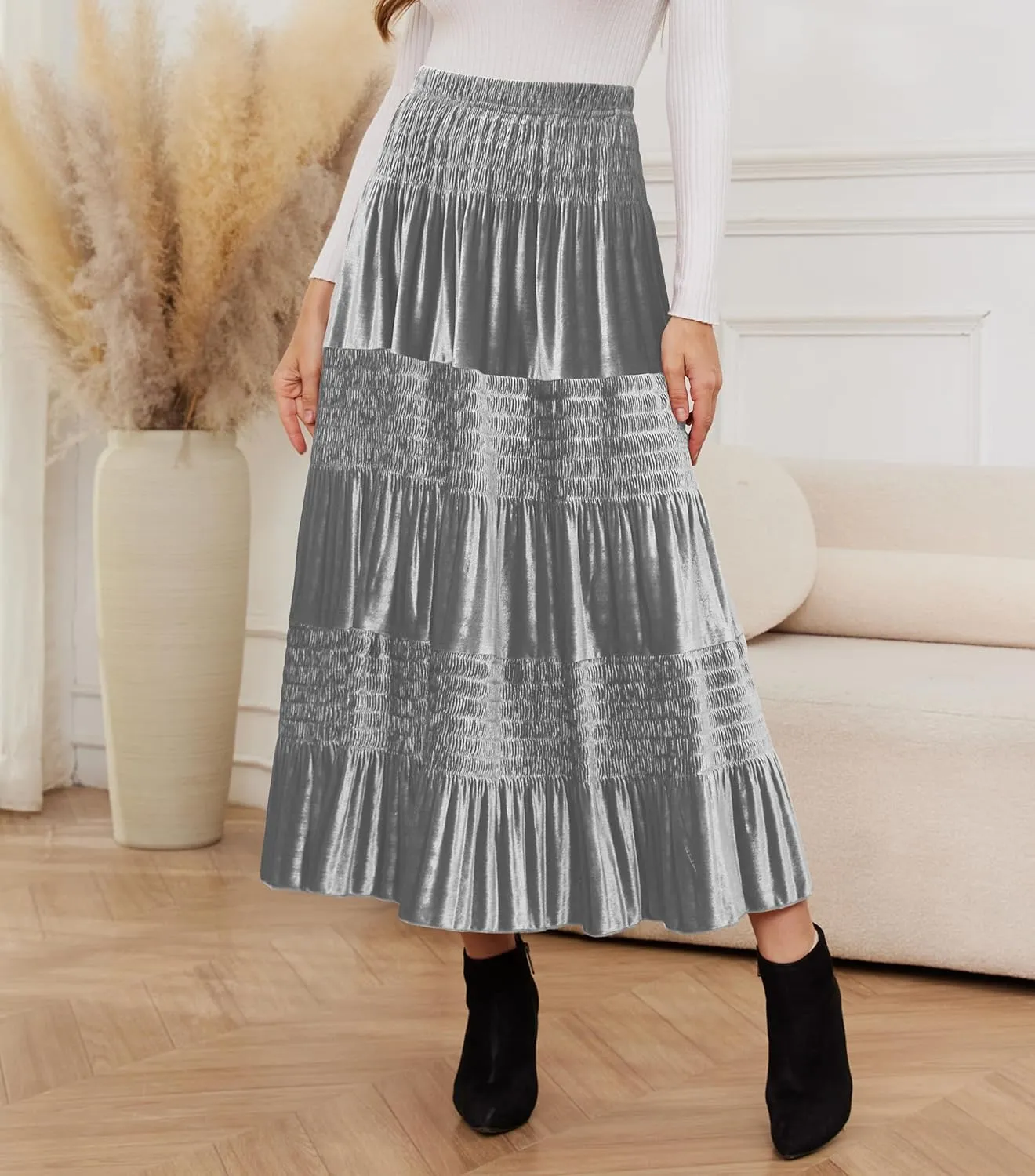 Women's Fall Elastic High Waist Velvet Midi Skirt Causal Tiered Flowy Pleated Long Skirts