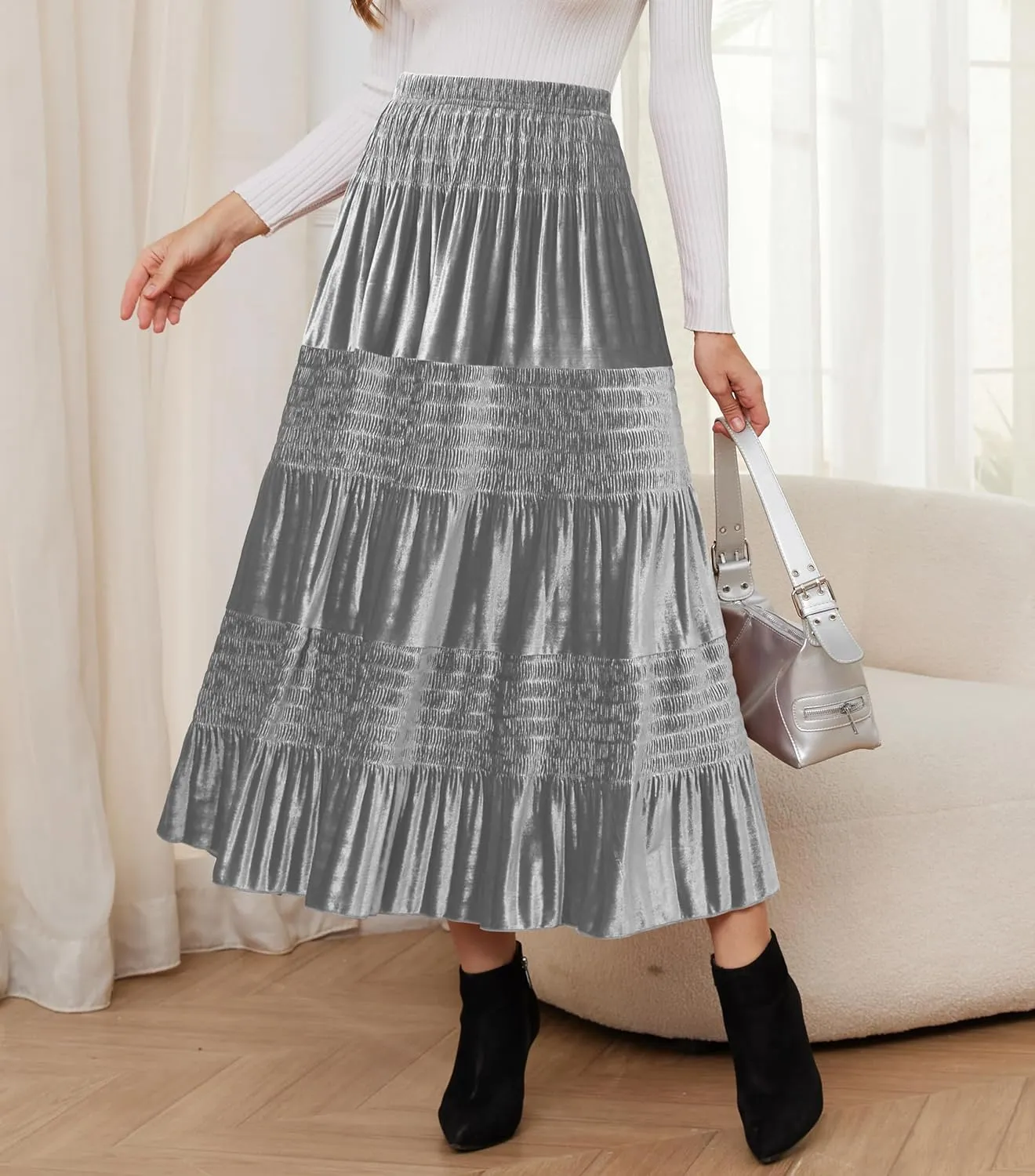 Women's Fall Elastic High Waist Velvet Midi Skirt Causal Tiered Flowy Pleated Long Skirts
